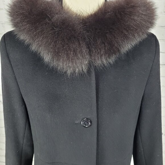 VTG Steve By Searle Black Italian Wool Fox Fur Trim Hooded Coat USA Made Size 6 - Picture 7 of 16